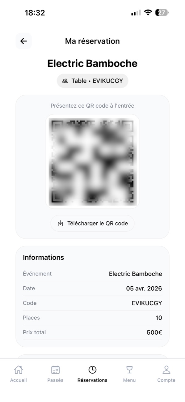 Écran de réservation de table avec QR code d’entrée