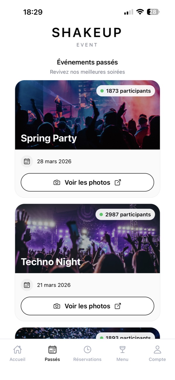 Écran de l’app ShakeUp listant les soirées passées